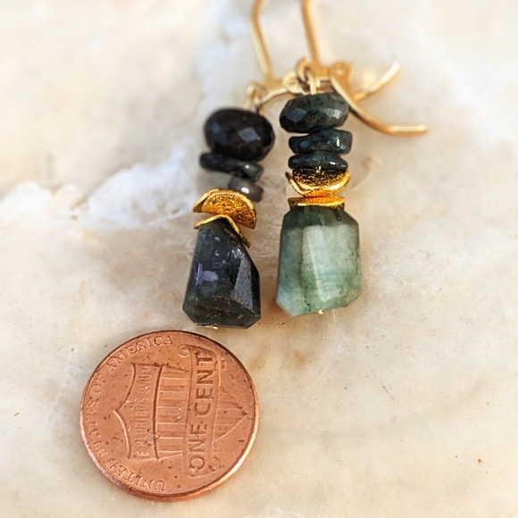 Natural and Genuine Green Emerald Nuggets In Drop Down Earrings - Picture 5 of 5